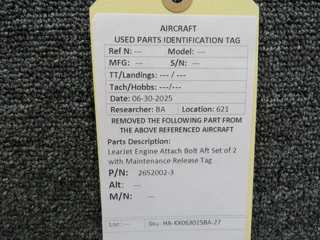 LearJet 2652002-3 LearJet Engine Attach Bolt Aft Set of 2 with Maintenance Release Tag