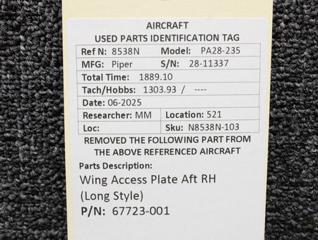 Piper Aircraft Parts 67723-001 Piper PA28-235 Wing Access Plate Aft RH (Long Style)