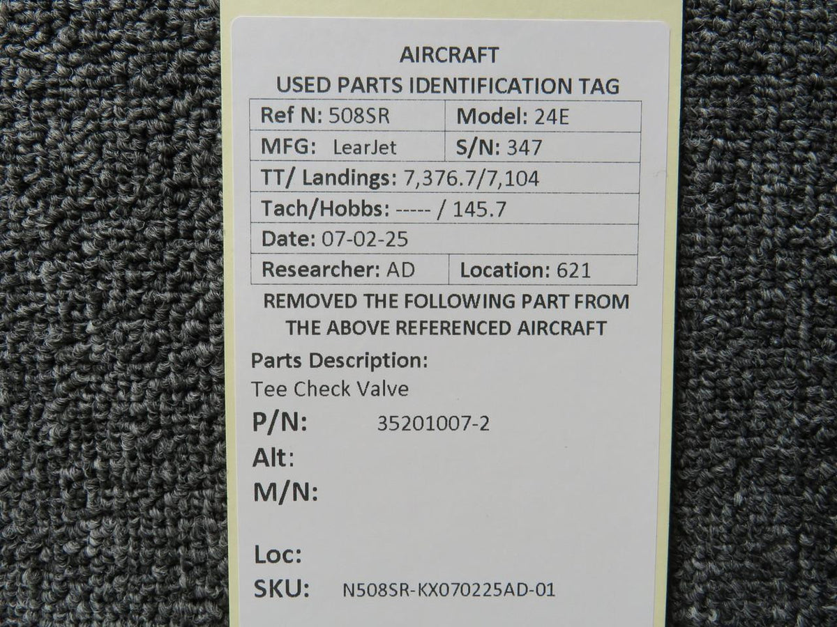LearJet 35201007-2 Learjet 24E Tee Check Valve