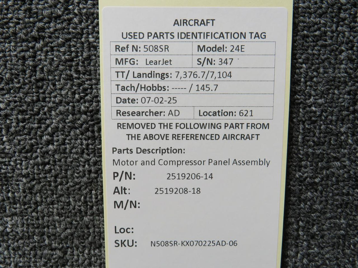 LearJet 2519206-14 (Alt: 2519208-18) LearJet 24E Motor and Compressor Panel Assembly