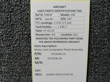 LearJet 2519206-14 (Alt: 2519208-18) LearJet 24E Motor and Compressor Panel Assembly