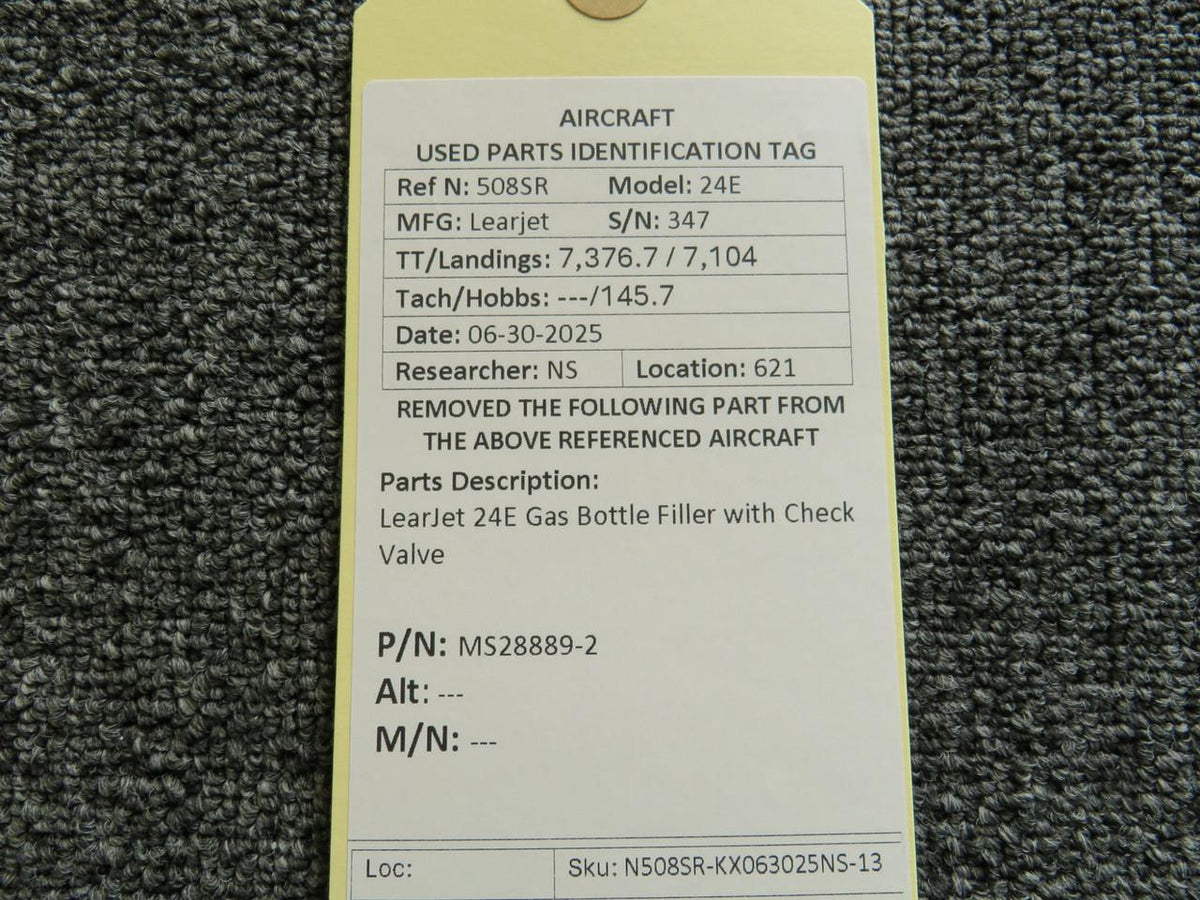LearJet MS28889-2 LearJet 24E Gas Bottle Filler with Check Valve