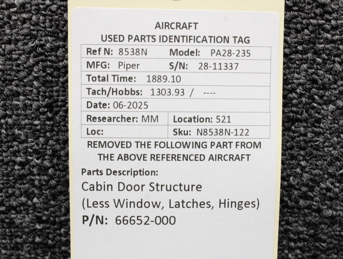 Piper Aircraft Parts 66652-000 Piper PA28-235 Cabin Door Structure (Less Window, Latches, Hinges)