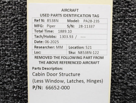 Piper Aircraft Parts 66652-000 Piper PA28-235 Cabin Door Structure (Less Window, Latches, Hinges)