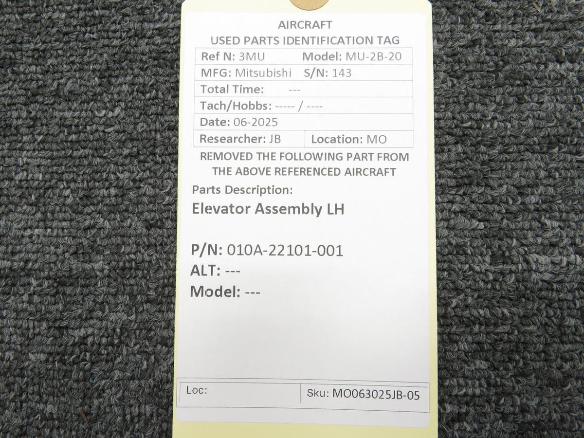 Mitsubishi 010A-22101-001 Mitsubishi MU2B-20 Elevator Assembly LH