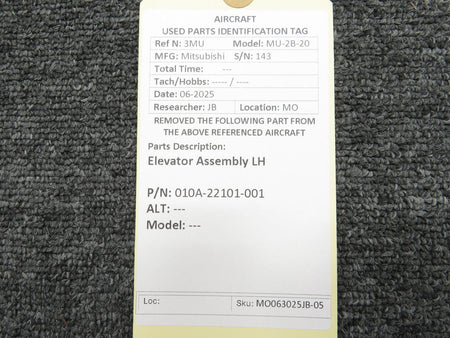 Mitsubishi 010A-22101-001 Mitsubishi MU2B-20 Elevator Assembly LH