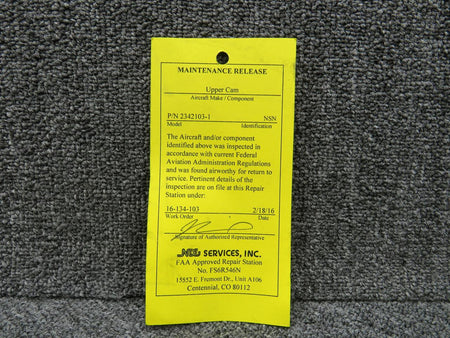 Jet 2342103-1 JET Upper Cam with Yellow Maintenance Release Tag