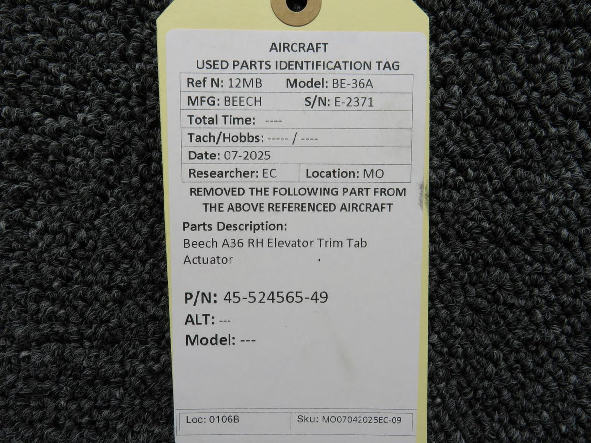 Beechcraft Parts 45-524565-49 Beech A36 RH Elevator Trim Tab Actuator