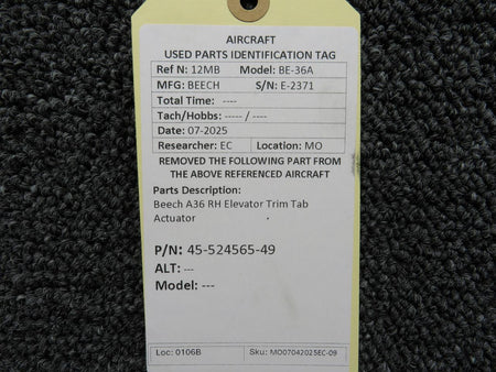 Beechcraft Parts 45-524565-49 Beech A36 RH Elevator Trim Tab Actuator