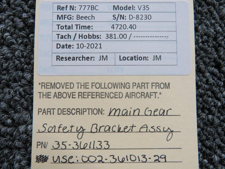 35-361133 (Use: 002-361013-29) Beech V35 Main Gear Safety Bracket Assy BAS Part Sales | Airplane Parts