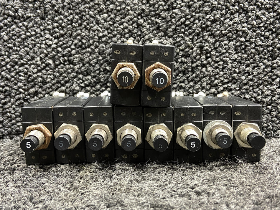 W23-X1A1G Potter & Brumfield Push to Reset Circuit Breaker Set (Amps: 5, 10)