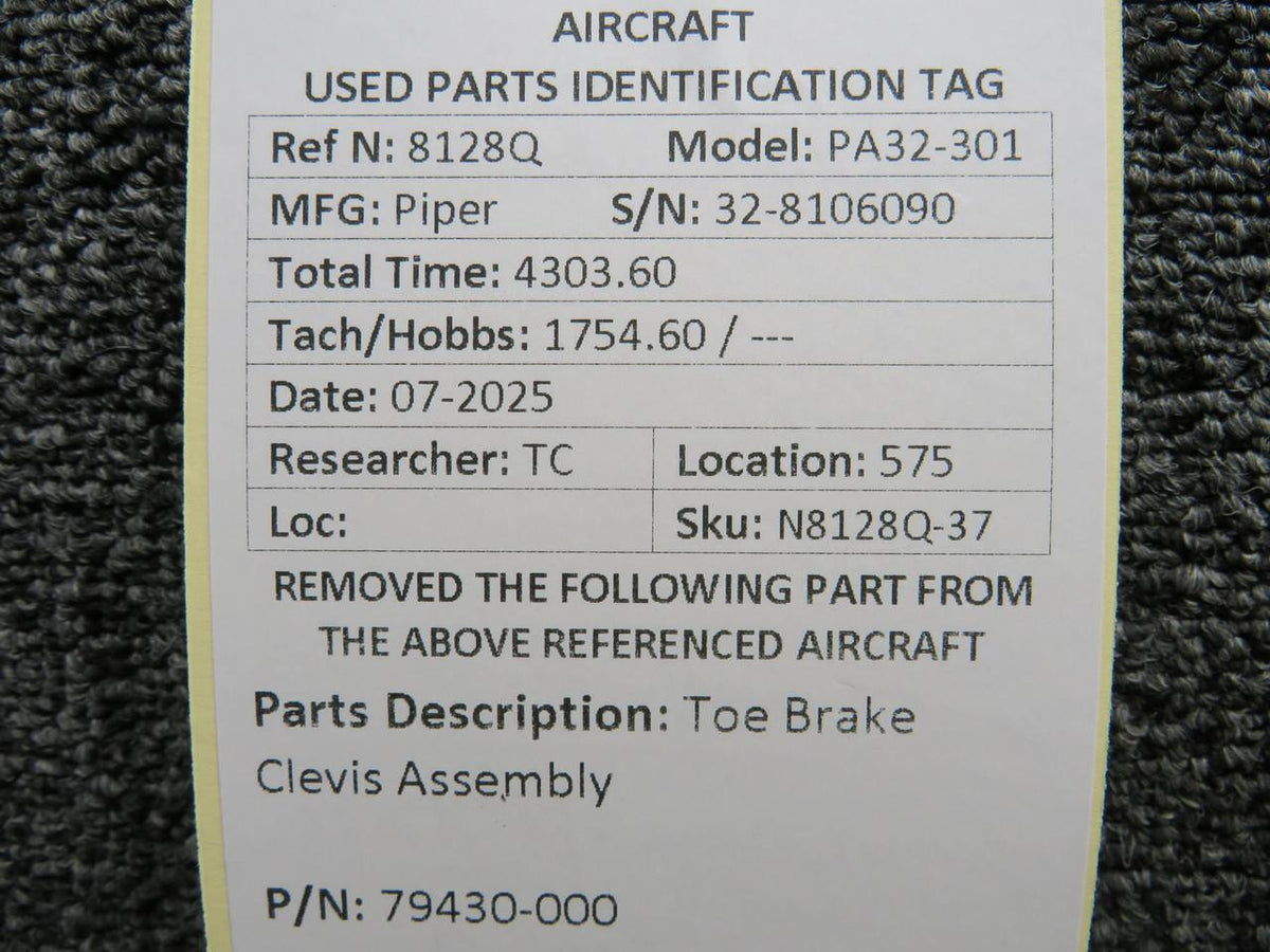 Piper Aircraft Parts 79430-000 Piper PA32-301 Toe Brake Clevis Assembly