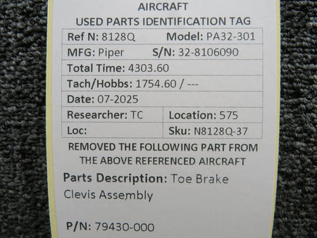 Piper Aircraft Parts 79430-000 Piper PA32-301 Toe Brake Clevis Assembly