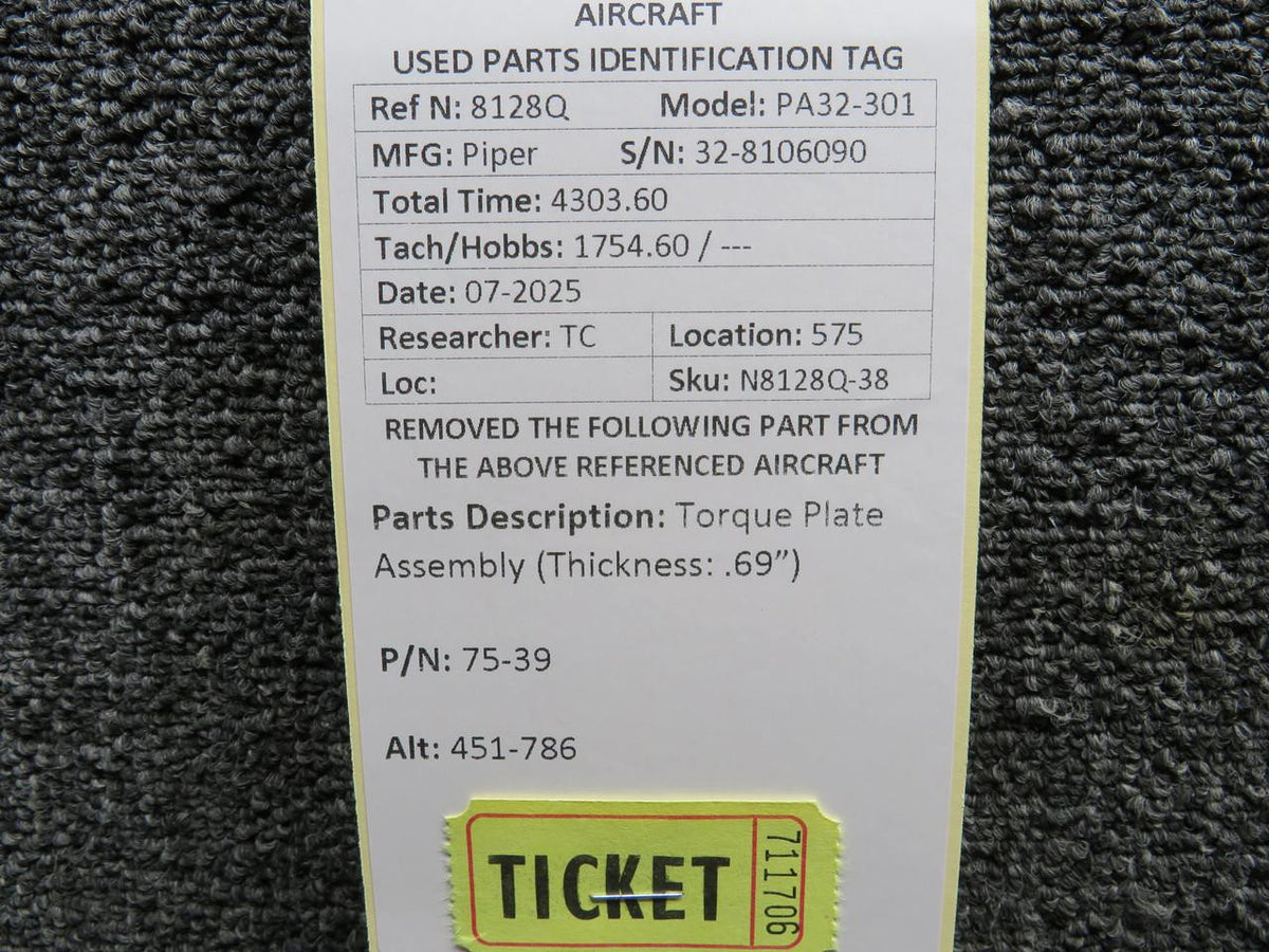 Piper Aircraft Parts 75-39 (Alt: 451-786) Piper PA32-301 Torque Plate Assembly (Thickness: .69”)