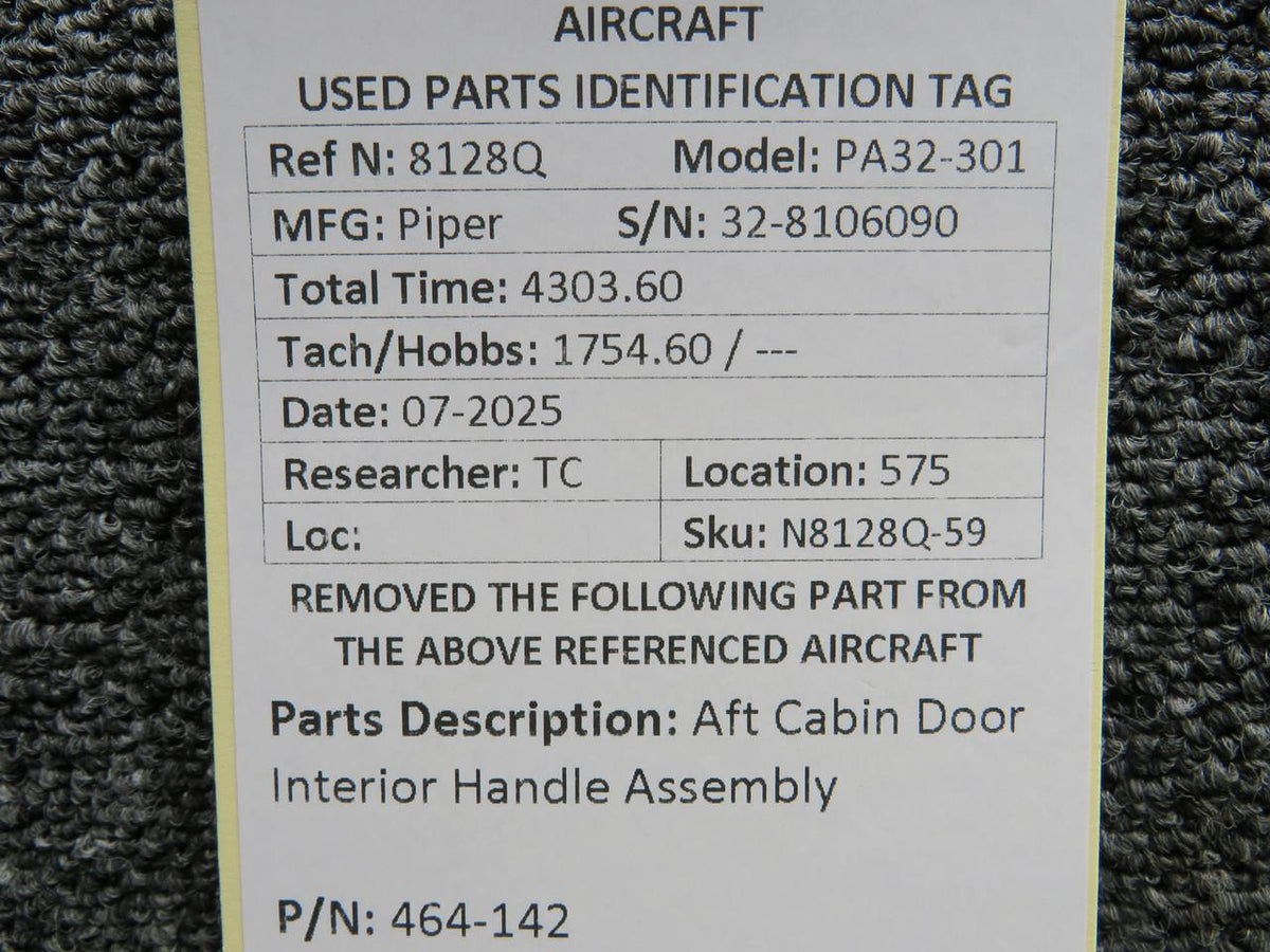 Piper Aircraft Parts 464-142 Piper PA32-301 Aft Cabin Door Interior Handle Assembly