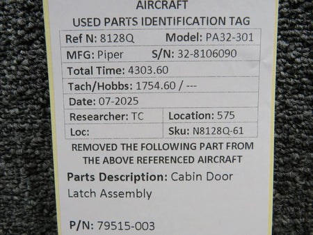 Piper Aircraft Parts 79515-003 Piper PA32-301 Cabin Door Latch Assembly