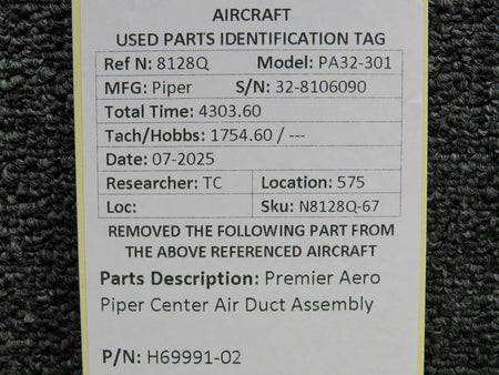 Premier Aero  H69991-02 Premier Aero Piper Center Air Duct Assembly