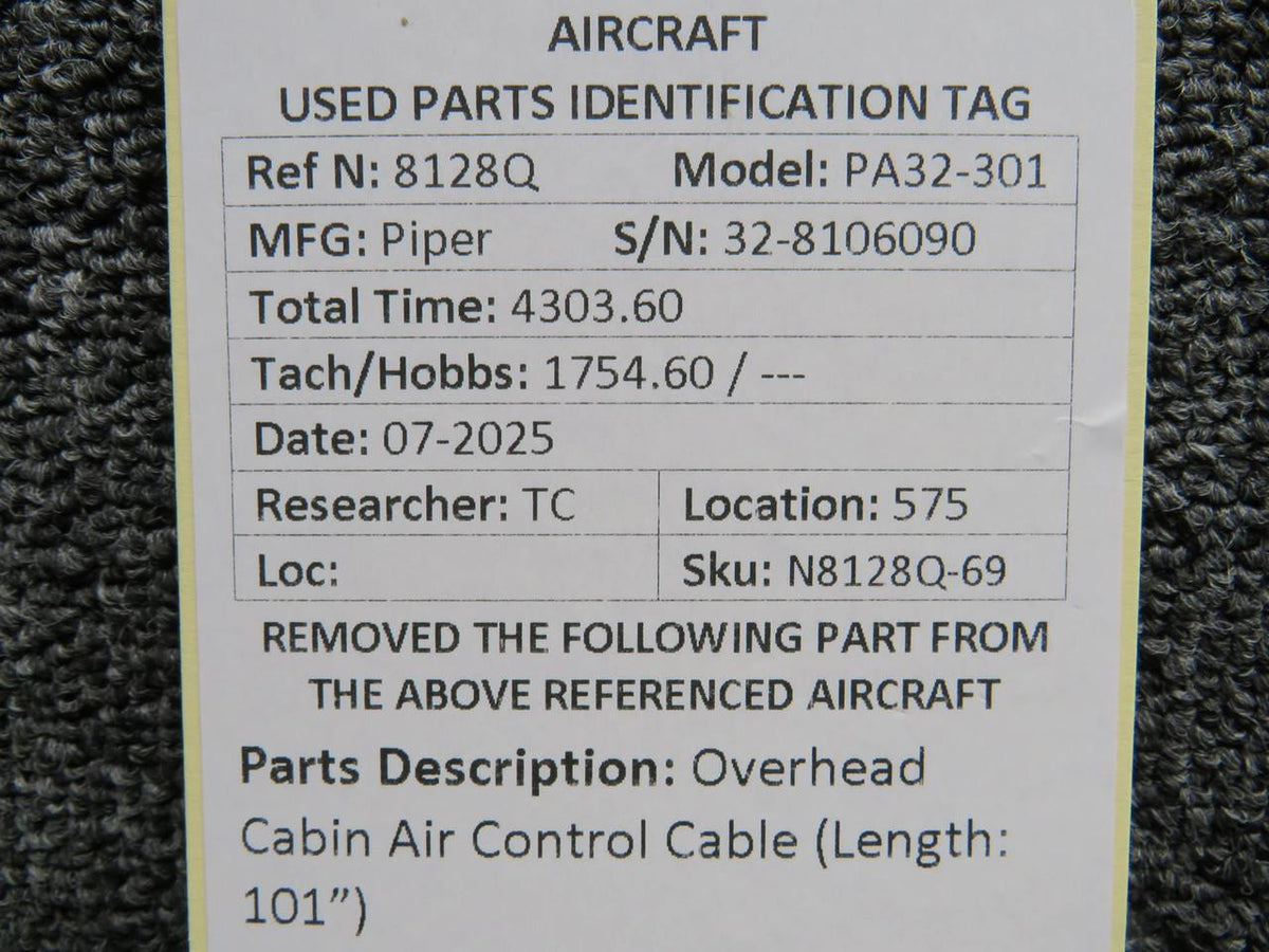 Piper Aircraft Parts Piper PA32-301 Overhead Cabin Air Control Cable (Length: 101”)