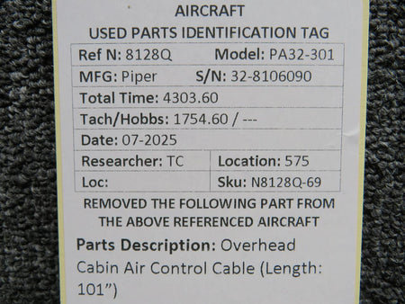 Piper Aircraft Parts Piper PA32-301 Overhead Cabin Air Control Cable (Length: 101”)