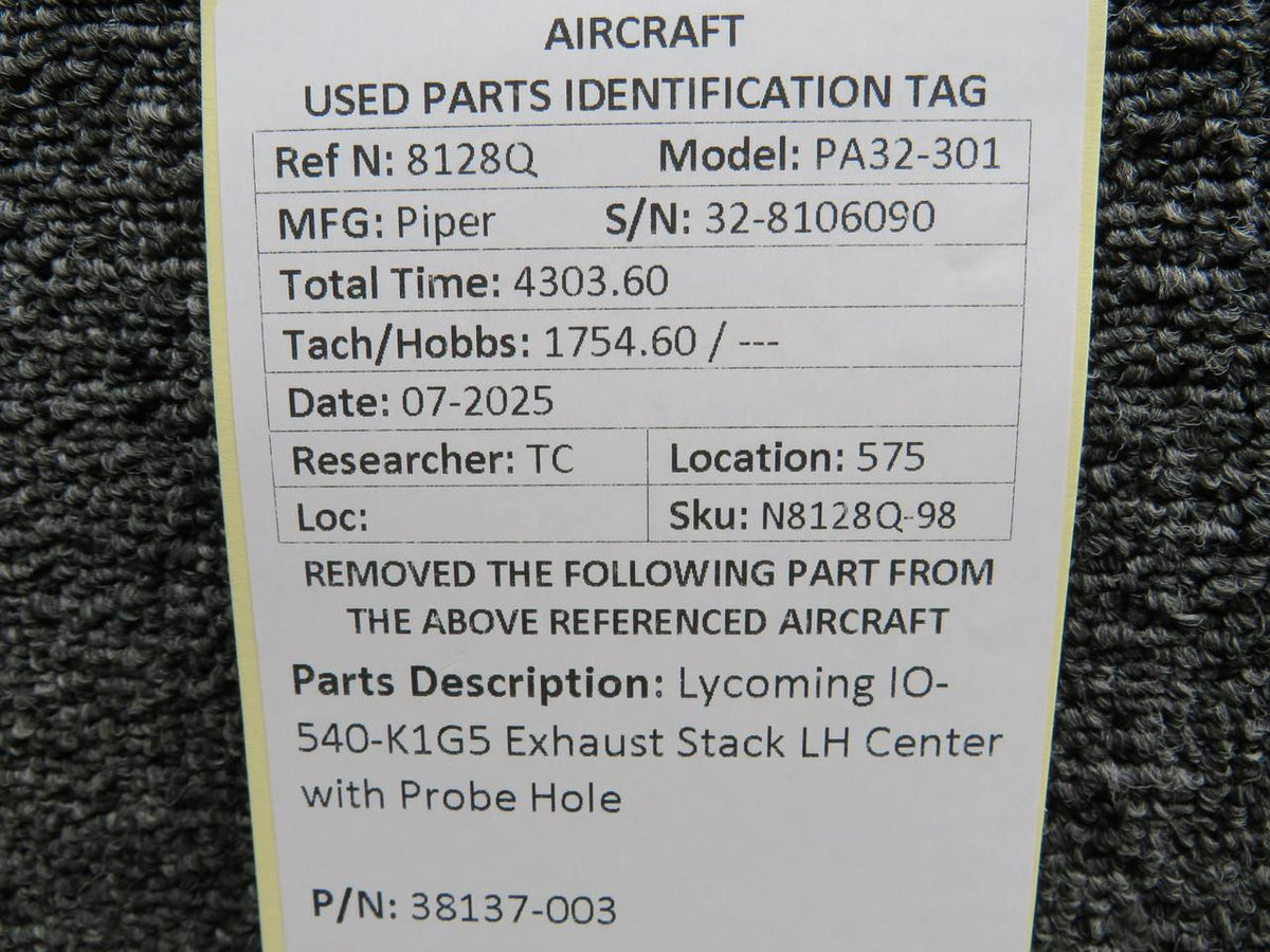 Lycoming Aircraft Engines & Parts 38137-003 Lycoming IO-540-K1G5 Exhaust Stack LH Center with Probe Hole