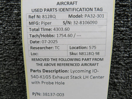 Lycoming Aircraft Engines & Parts 38137-003 Lycoming IO-540-K1G5 Exhaust Stack LH Center with Probe Hole