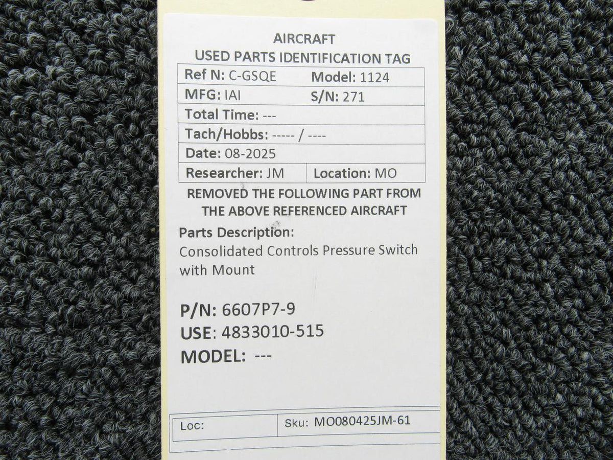 Consolidated Controls 6607P7-9 (Alt: 4833010-515) Consolidated Controls Pressure Switch with Mount