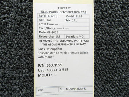 Consolidated Controls 6607P7-9 (Alt: 4833010-515) Consolidated Controls Pressure Switch with Mount