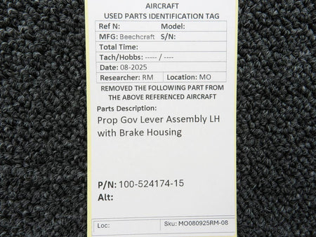 Beechcraft Parts 100-524174-15 Beechcraft Prop Gov Lever Assembly LH with Brake Housing