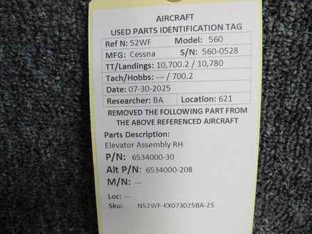 Cessna Citation 6534000-30 (Fso: 6534000-208) Cessna Citation 560 Elevator Assembly RH