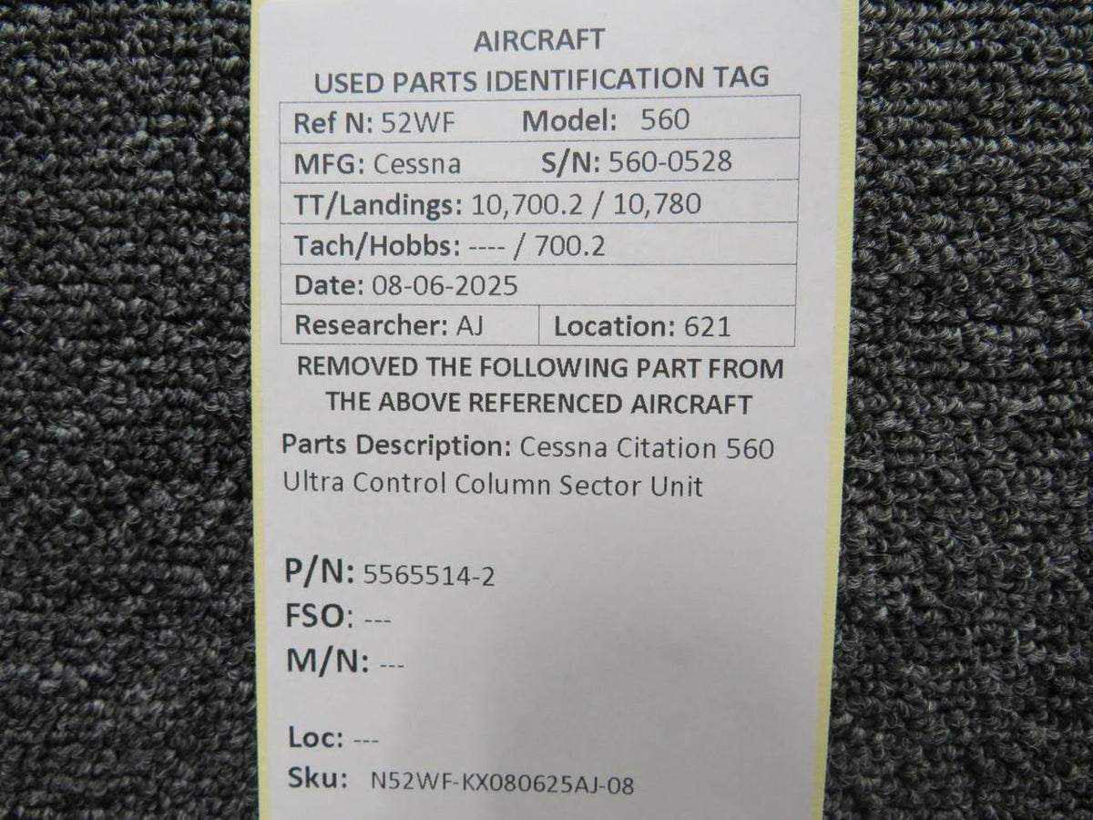 Cessna Aircraft Parts 5565514-2 Cessna Citation 560 Ultra Control Column Sector Unit