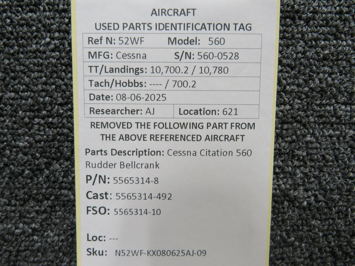 Cessna Aircraft Parts 5565314-8 (Cast: 5565314-492) Cessna Citation 560 Rudder Bellcrank