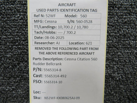 Cessna Aircraft Parts 5565314-8 (Cast: 5565314-492) Cessna Citation 560 Rudder Bellcrank