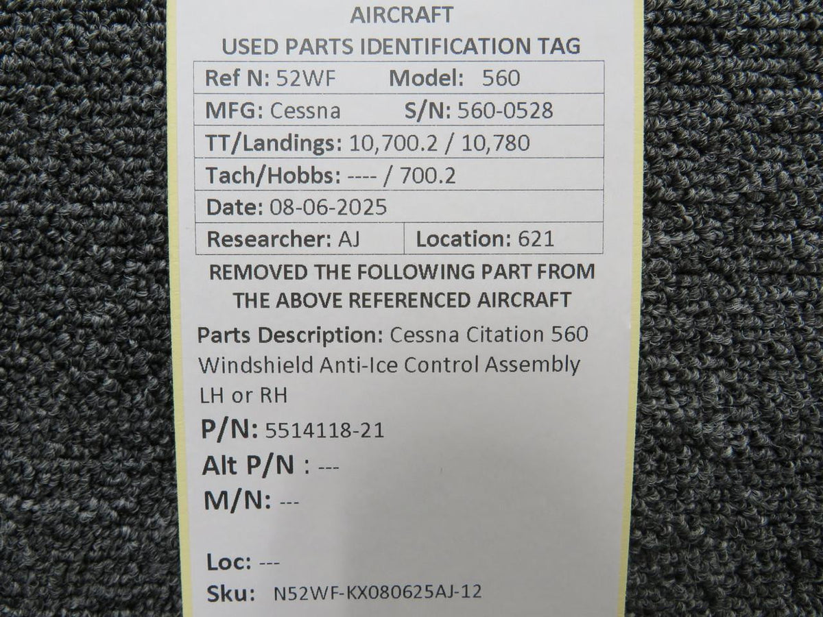 Cessna Aircraft Parts 5514118-21 Cessna Citation 560 Windshield Anti-Ice Control Assembly LH or RH