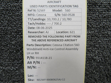 Cessna Aircraft Parts 5514118-21 Cessna Citation 560 Windshield Anti-Ice Control Assembly LH or RH