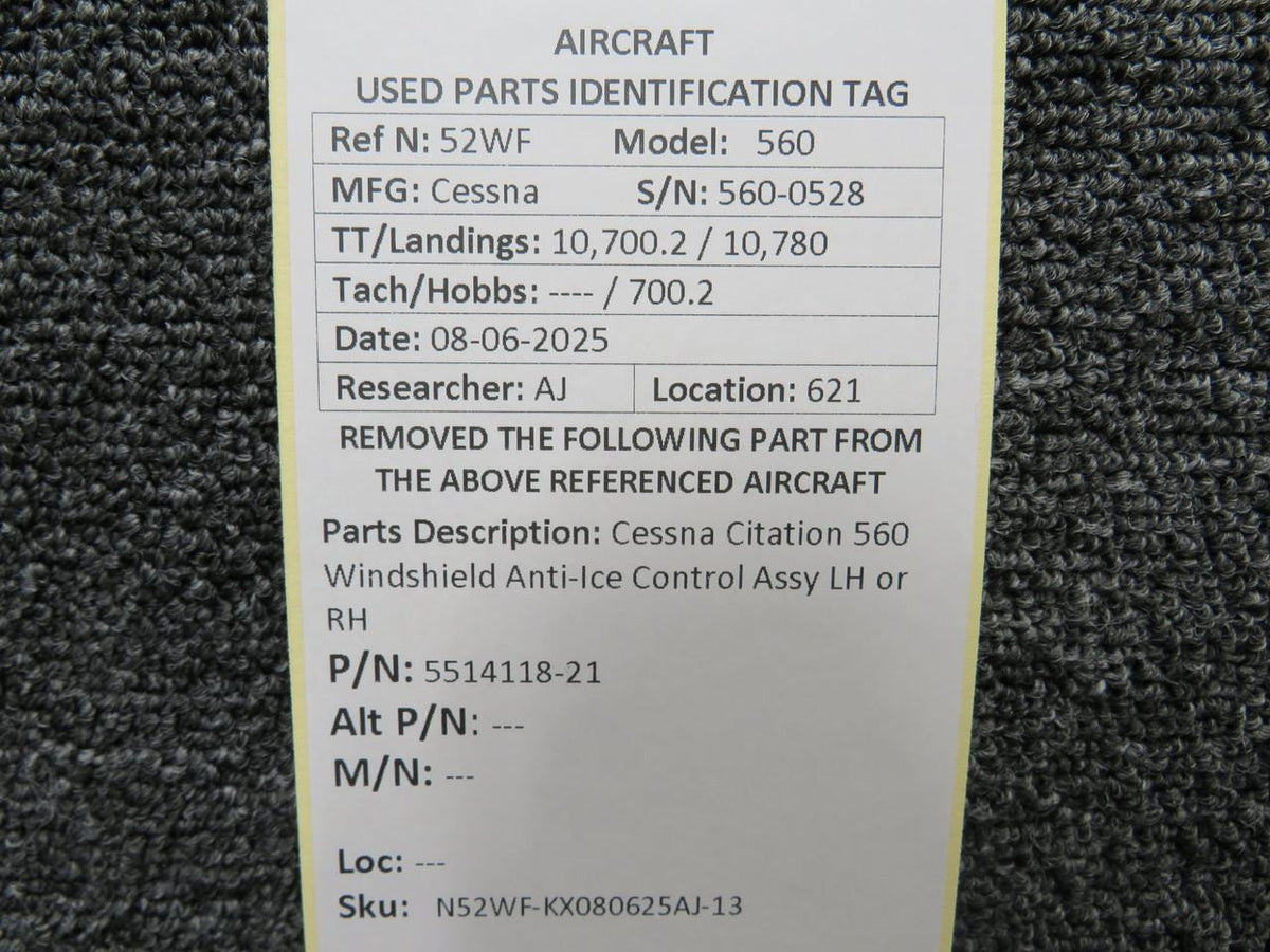 Cessna Aircraft Parts 5514118-21 Cessna Citation 560 Windshield Anti-Ice Control Assy LH or RH