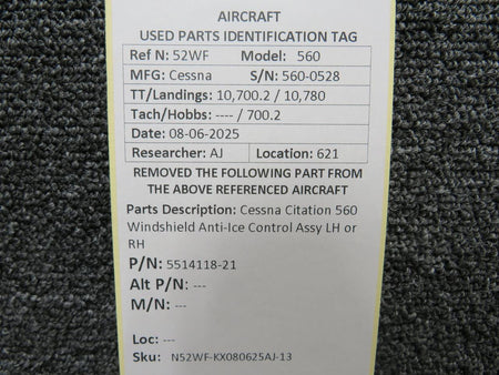 Cessna Aircraft Parts 5514118-21 Cessna Citation 560 Windshield Anti-Ice Control Assy LH or RH