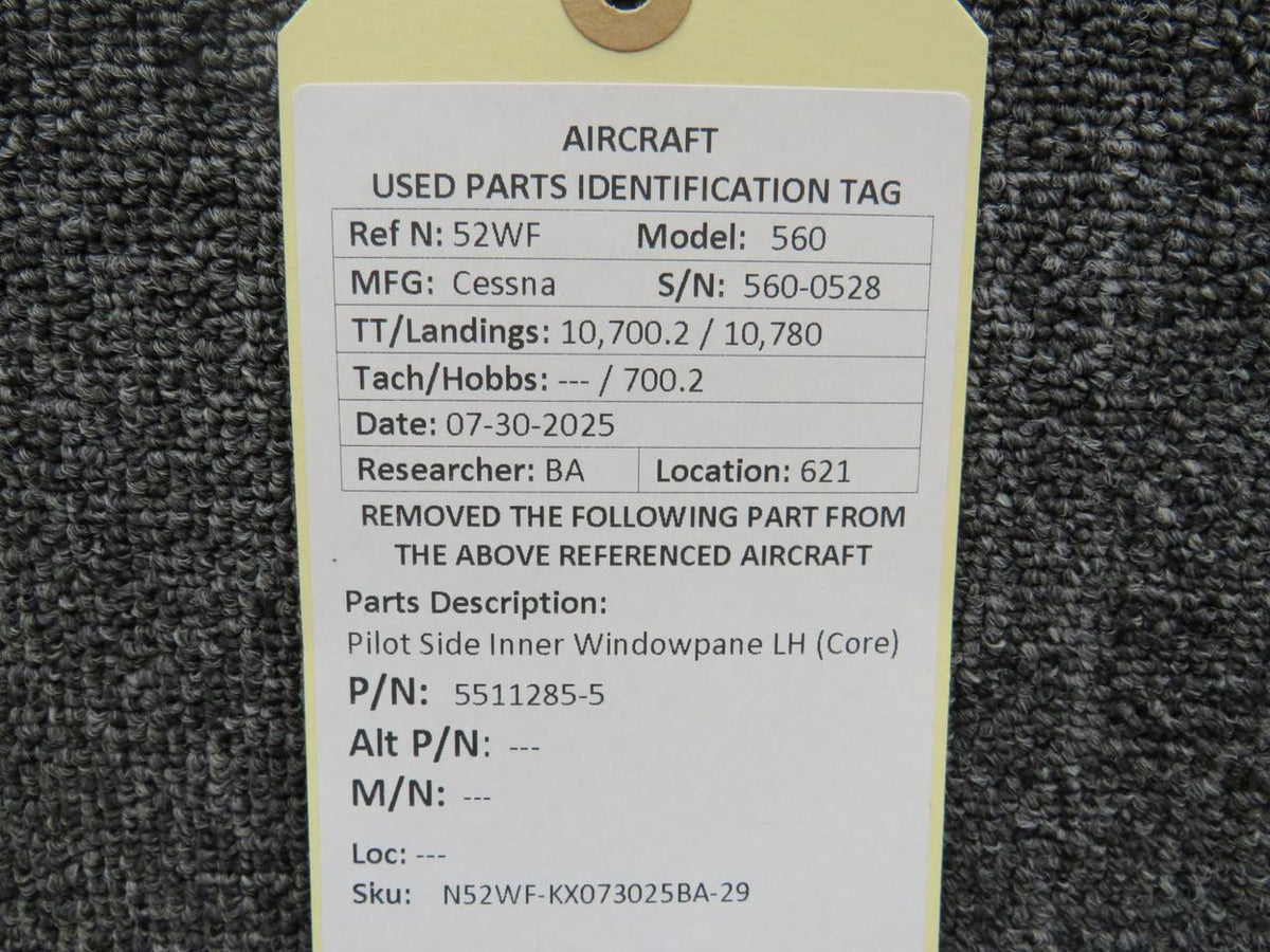 Cessna Citation 5511285-5 Cessna Citation 560 Pilot Side Inner Windowpane LH (Core)