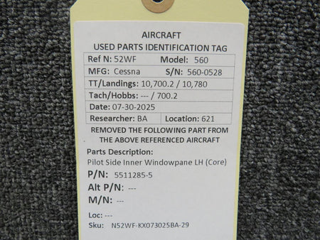 Cessna Citation 5511285-5 Cessna Citation 560 Pilot Side Inner Windowpane LH (Core)