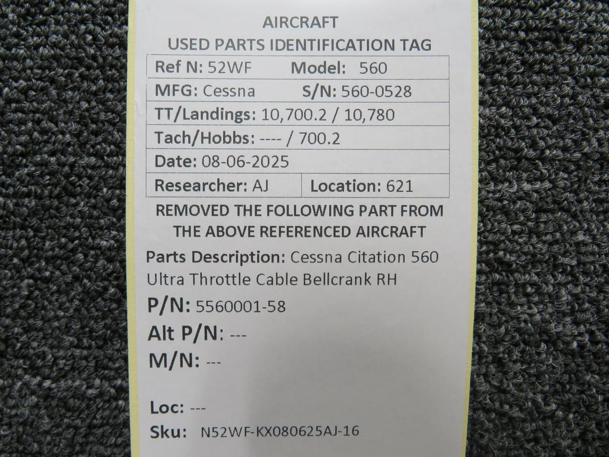 Cessna Aircraft Parts 5560001-58 Cessna Citation 560 Ultra Throttle Cable Bellcrank RH