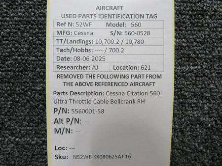 Cessna Aircraft Parts 5560001-58 Cessna Citation 560 Ultra Throttle Cable Bellcrank RH
