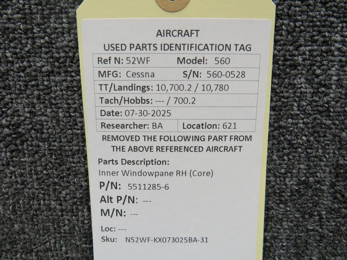 Cessna Citation 5511285-6 Cessna Citation 560 Inner Windowpane RH (Core)
