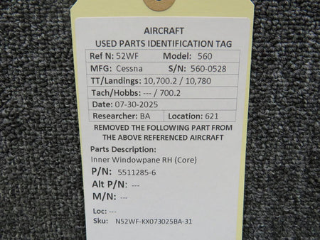 Cessna Citation 5511285-6 Cessna Citation 560 Inner Windowpane RH (Core)