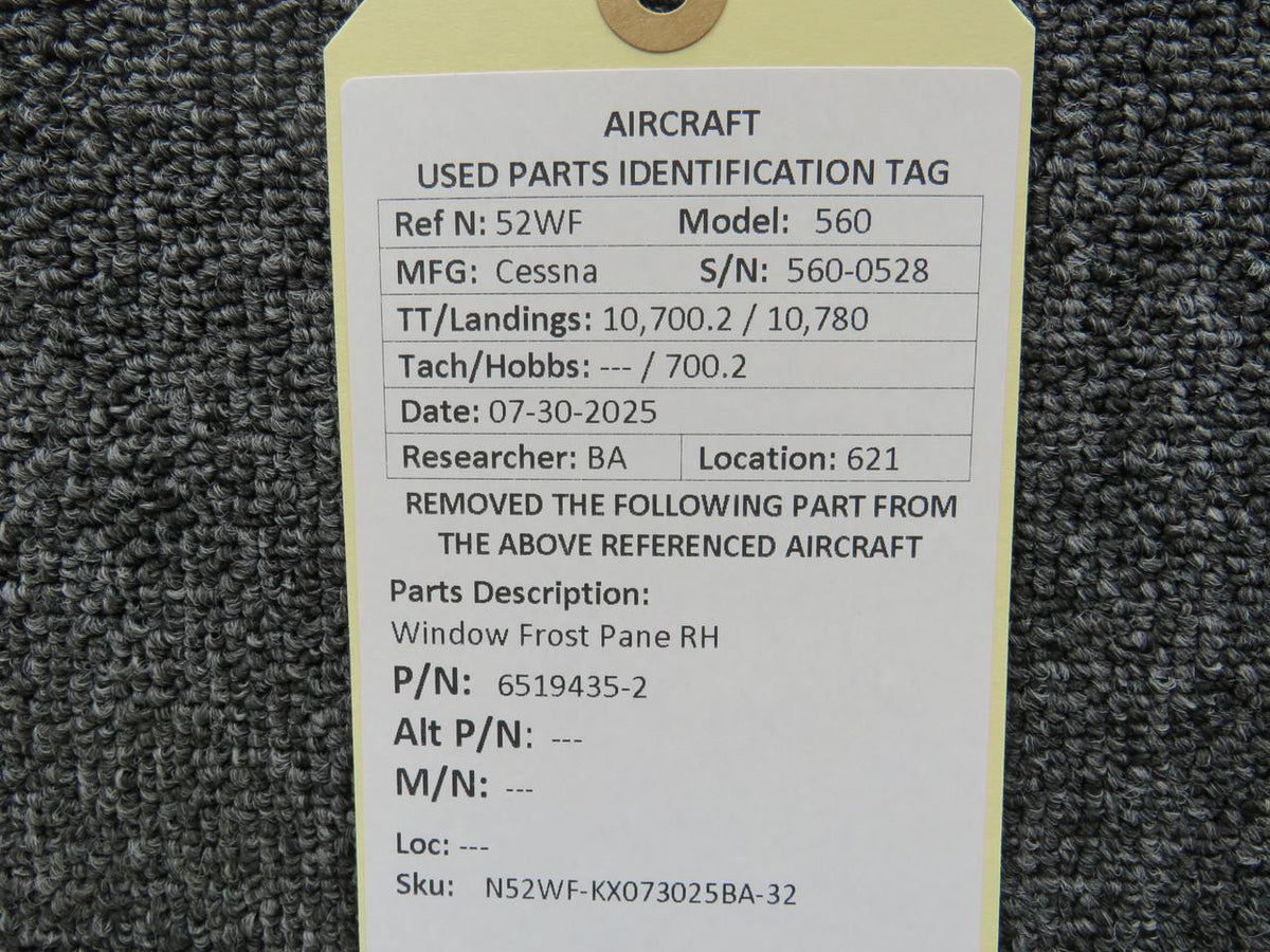Cessna Citation 6519435-2 Cessna Citation 560 Window Frost Pane RH