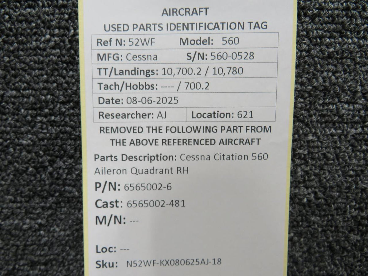Cessna Aircraft Parts 6565002-6 (Cast: 6565002-481) Cessna Citation 560 Aileron Quadrant RH