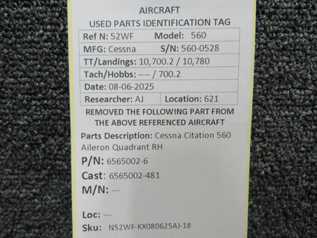 Cessna Aircraft Parts 6565002-6 (Cast: 6565002-481) Cessna Citation 560 Aileron Quadrant RH