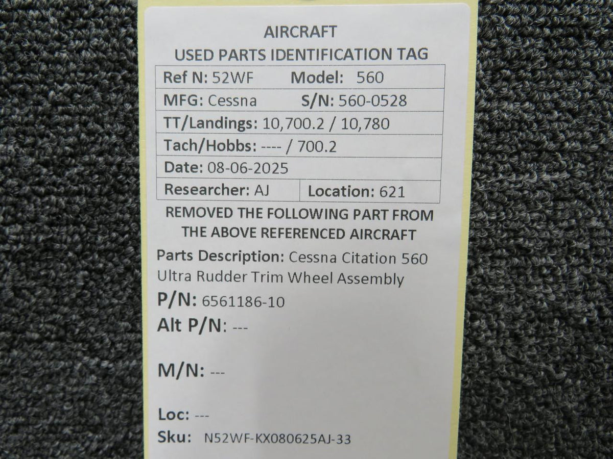 Cessna Citation 6561186-10 Cessna Citation 560 Ultra Rudder Trim Wheel Assembly