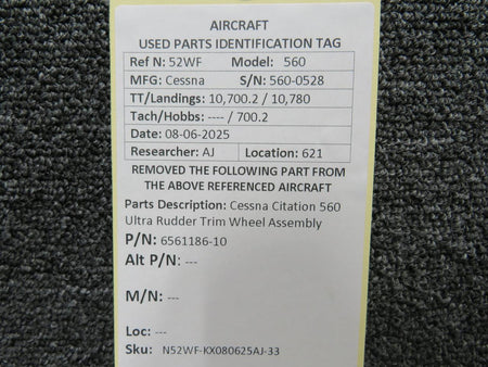Cessna Citation 6561186-10 Cessna Citation 560 Ultra Rudder Trim Wheel Assembly
