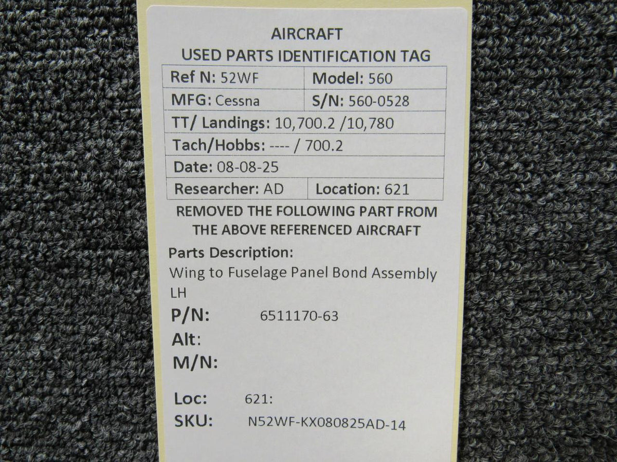Cessna Citation 6511170-63 Cessna Citation 560 Ultra Wing to Fuselage Panel Bond Assembly LH