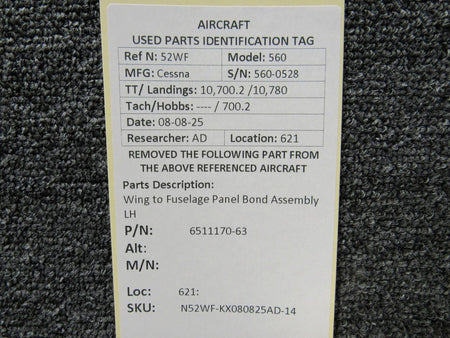 Cessna Citation 6511170-63 Cessna Citation 560 Ultra Wing to Fuselage Panel Bond Assembly LH