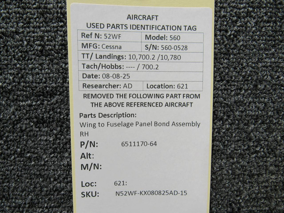 Cessna Citation 6511170-64 Cessna Citation 560 Ultra Wing to Fuselage Panel Bond Assembly RH